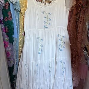 JessaKae White Tiered Maxi Dress with Blue Floral Embroidery